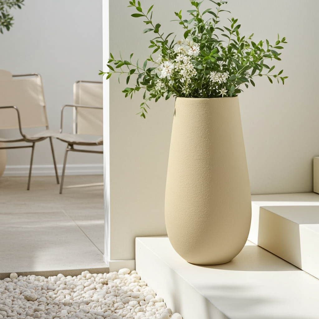 Beige vase with greenery on a white surface in a minimalistic room.