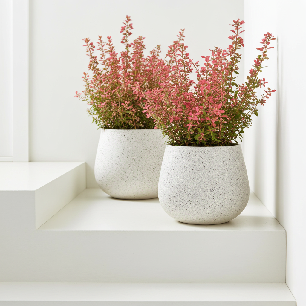 Two white textured planters with pink flowers on a white surface