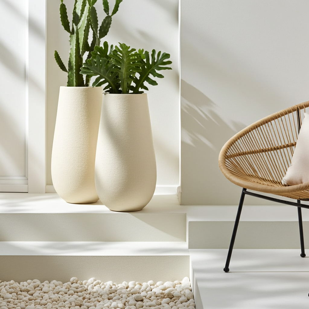 Two white planters with green plants on a windowsill next to a wicker chair.
