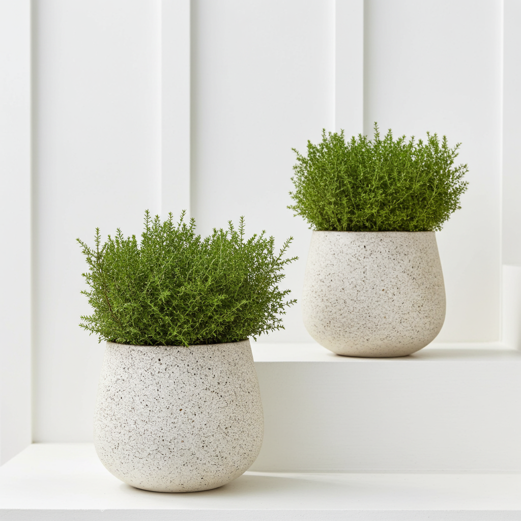 Two potted plants in white textured pots on a white surface with a white curtain background.
