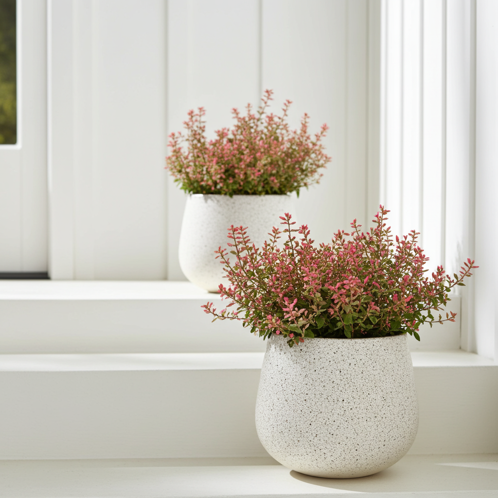 Two potted plants with pink flowers on a windowsill.