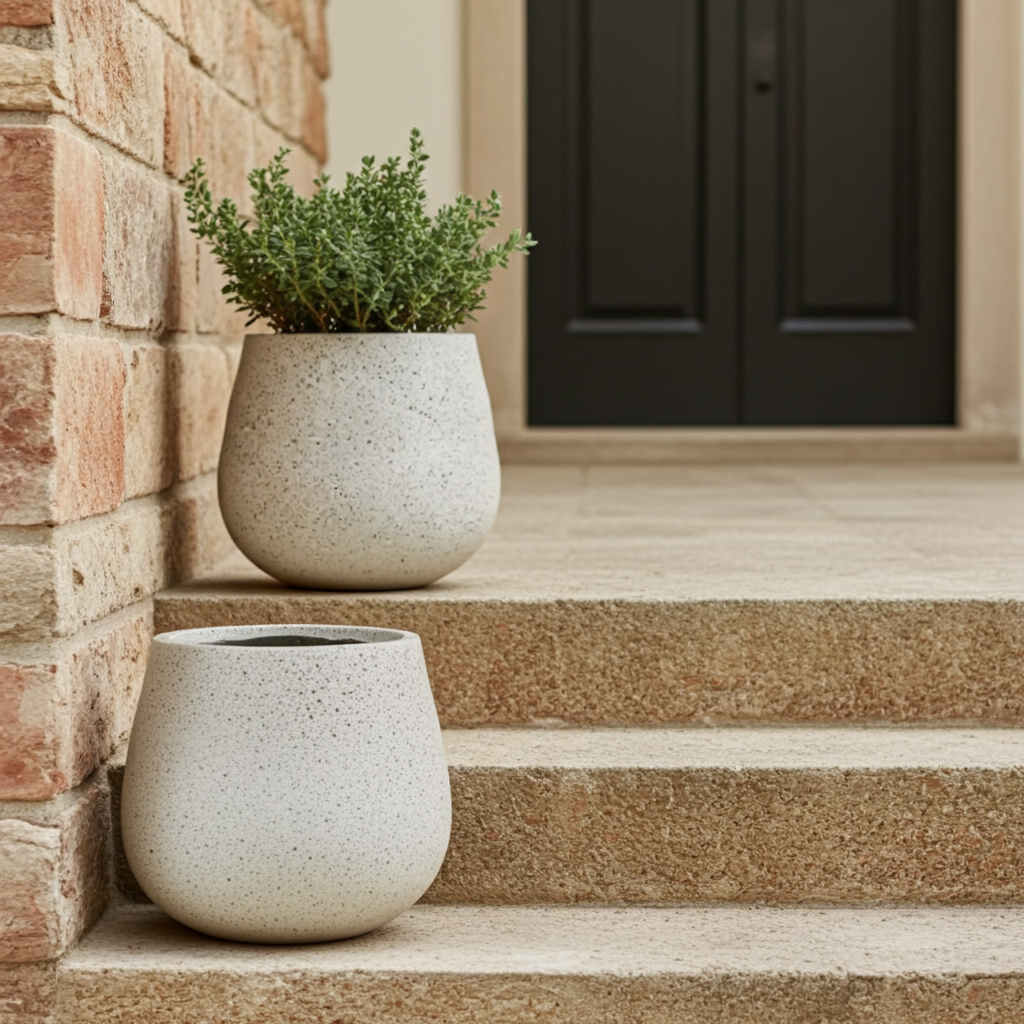 Two ceramic planters with green plants on a stone step.