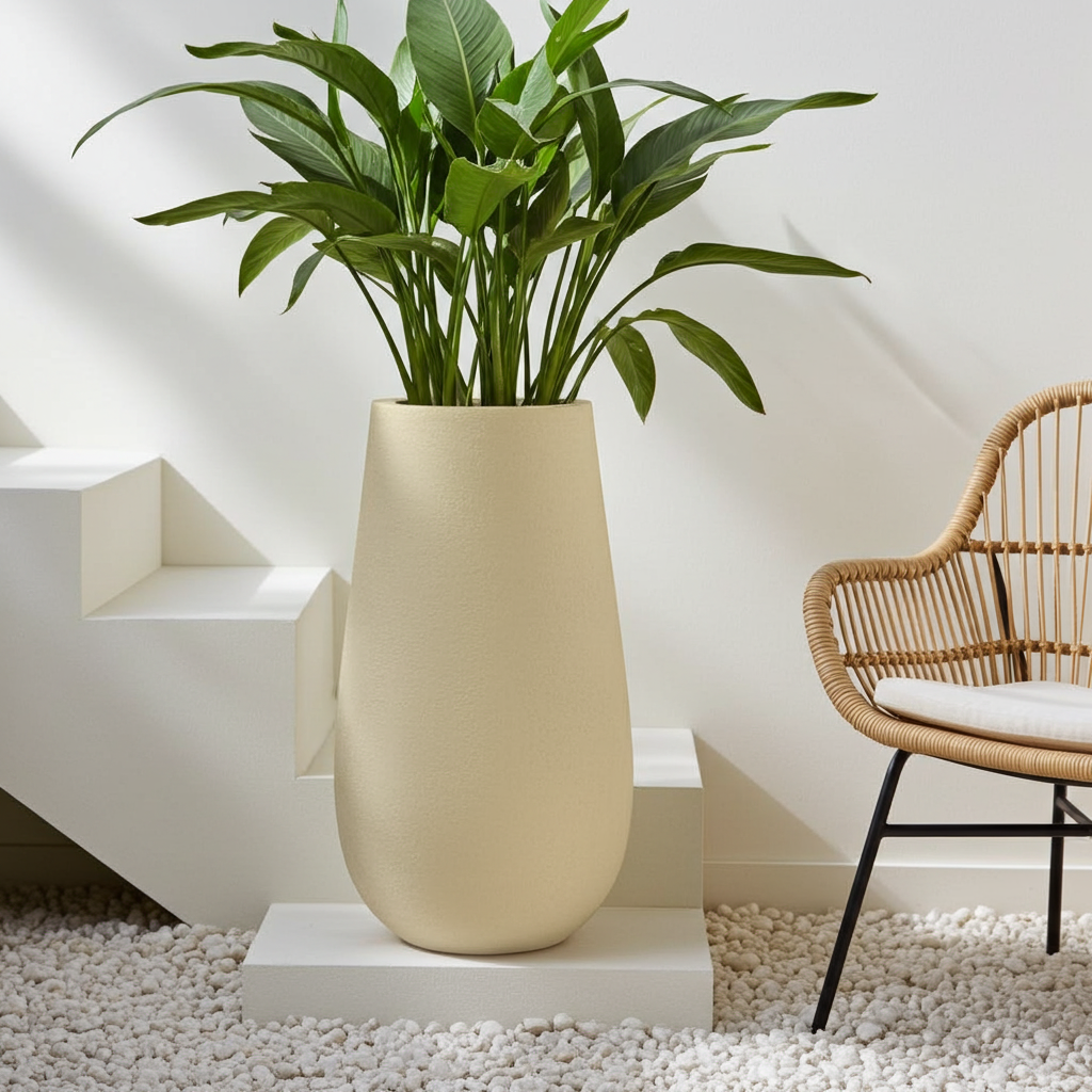 Beige planter with a green plant on a white surface with a wicker chair in the background