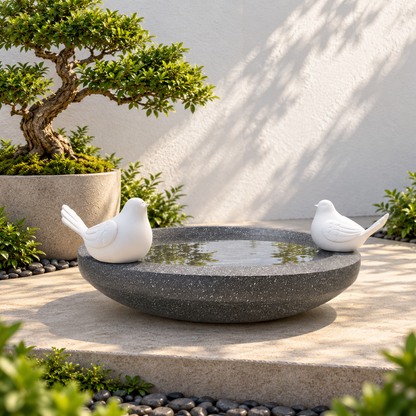 Elegant Charcoal Stone Bird Bath with Decorative White Birds – Garden Décor & Outdoor Water Feature