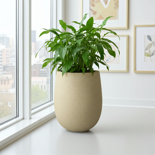 Beige planter with a green plant on a windowsill with framed pictures in the background
