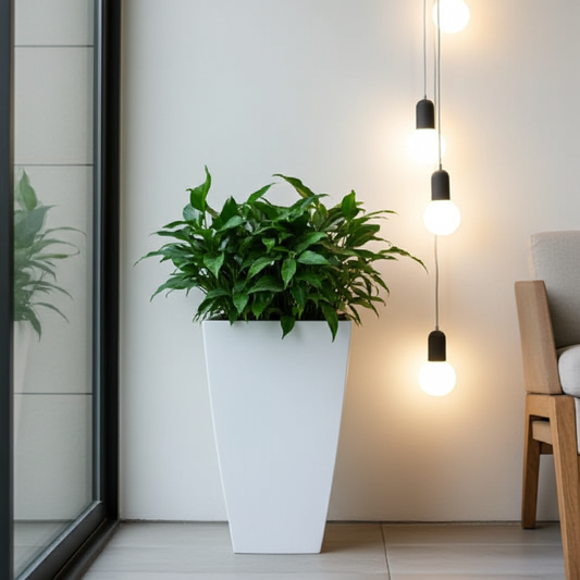 Tall white planter with green plant indoors near a window
