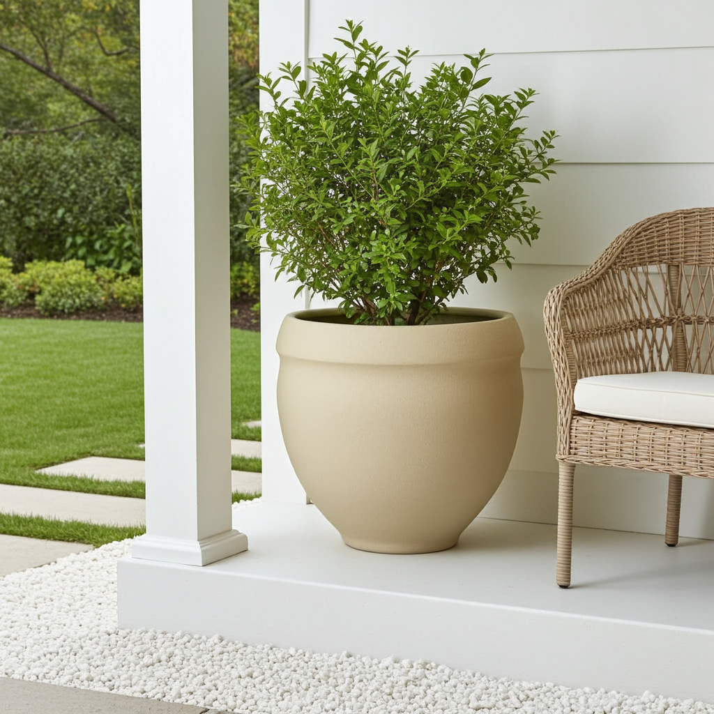 Beige planter with a green plant on a white porch with a wicker chair.