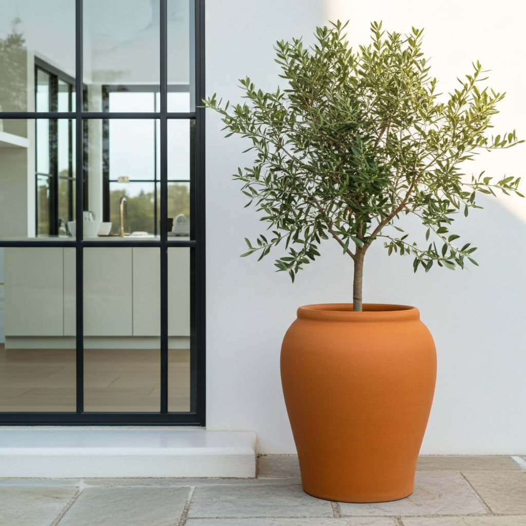 Potted plant in an orange pot on a patio with a modern building in the background