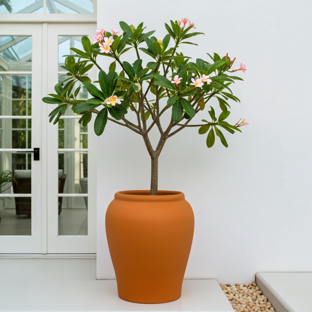 Potted plant with pink and white flowers in an indoor setting