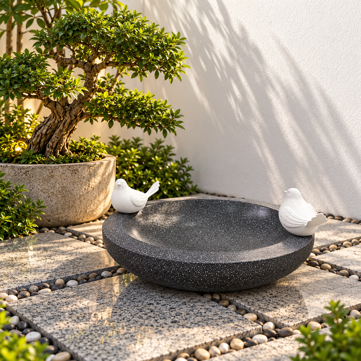 Elegant Charcoal Stone Bird Bath with Decorative White Birds – Garden Décor & Outdoor Water Feature
