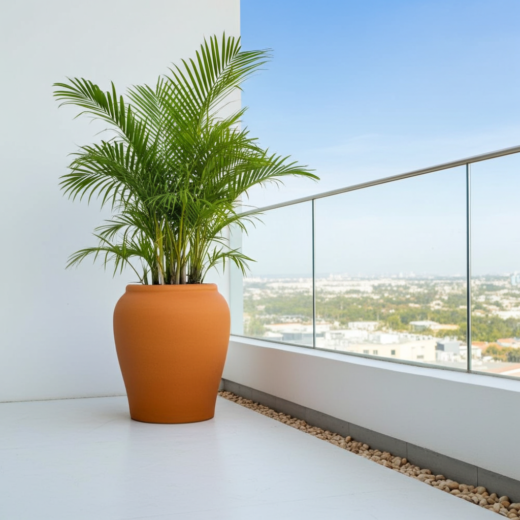 Potted plant on a balcony with a clear view of the cityscape