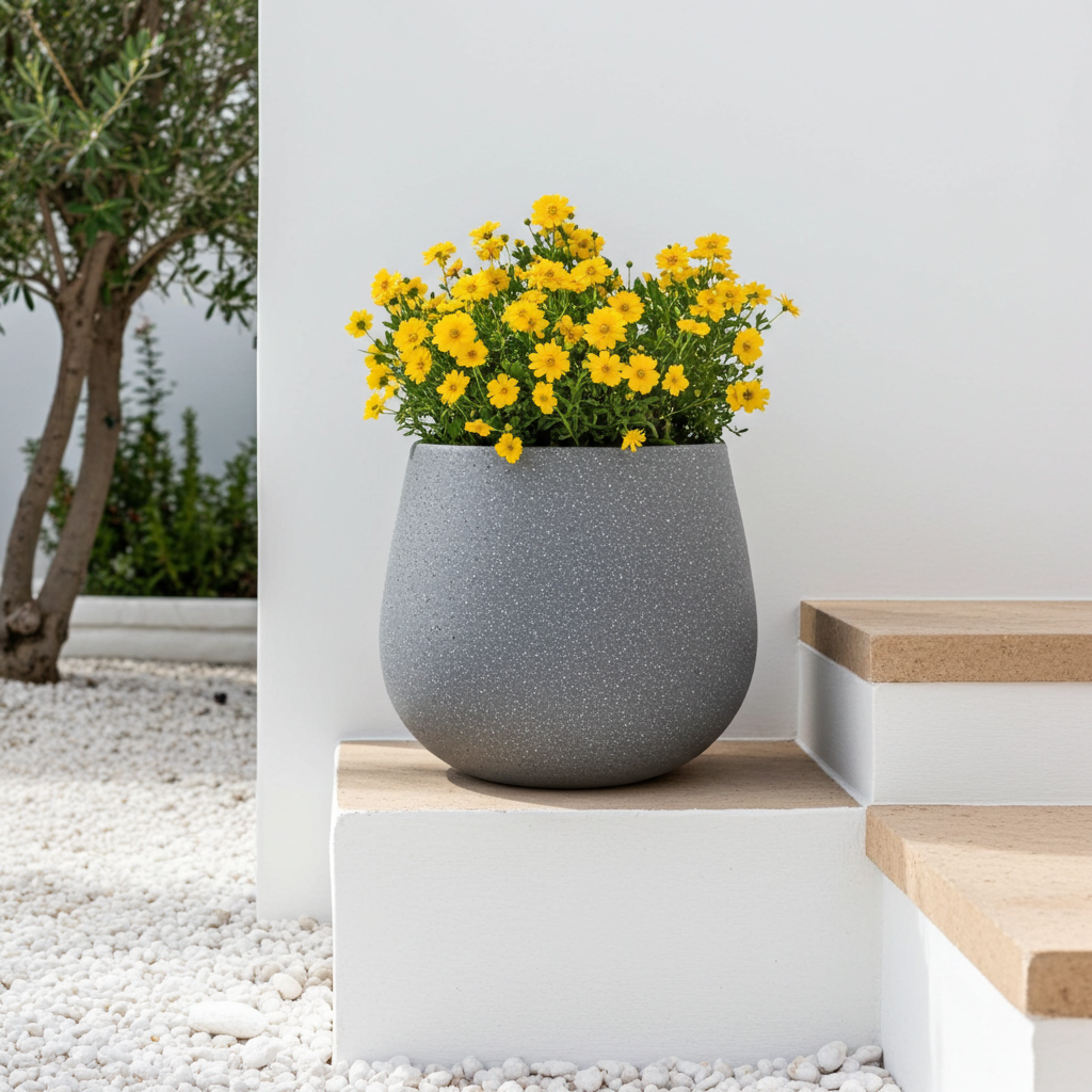 Gray planter with yellow flowers on a wooden ledge outdoors